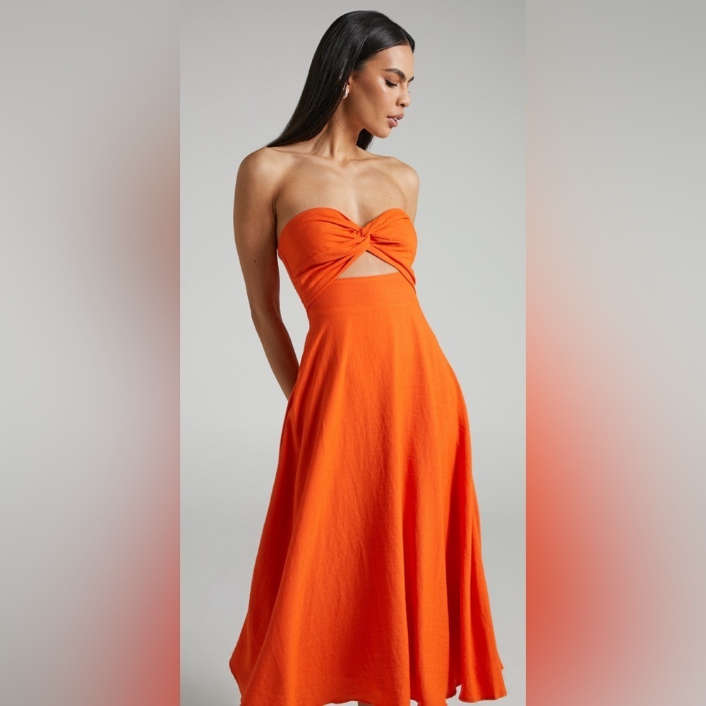 NWT - Showpo. Avie Midi Dress Twist Strapless Cocktail Dress in Orange - Size 2 - Picture 2 of 5